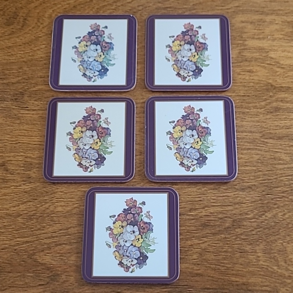PIMPERNEL Vintage Pansy Pattern Set of 5 Cork Backed Coasters, Original Box